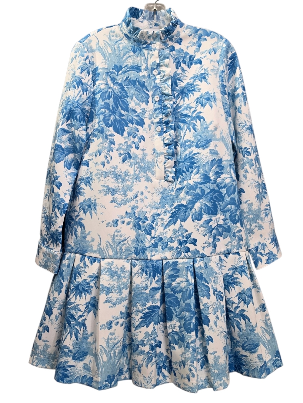 Blue & White Garden Leave Longsleeve Highneck  Ruffle Button Pleated Shift Dress